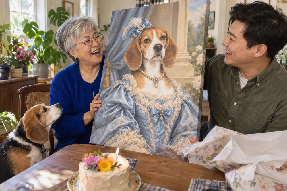 A silver-haired mother and her son enjoying a large Duchess canvas of their beagle as a birthday gift