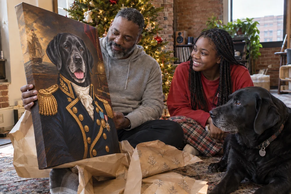 A father and daughter unwrapping a large Admiral portrait of their black Labrador at Christmas