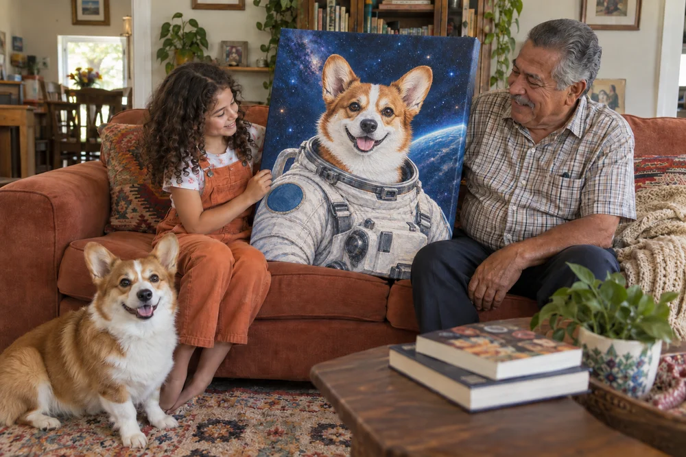 A grandfather and granddaughter admiring an astronaut portrait canvas with their corgi beside them