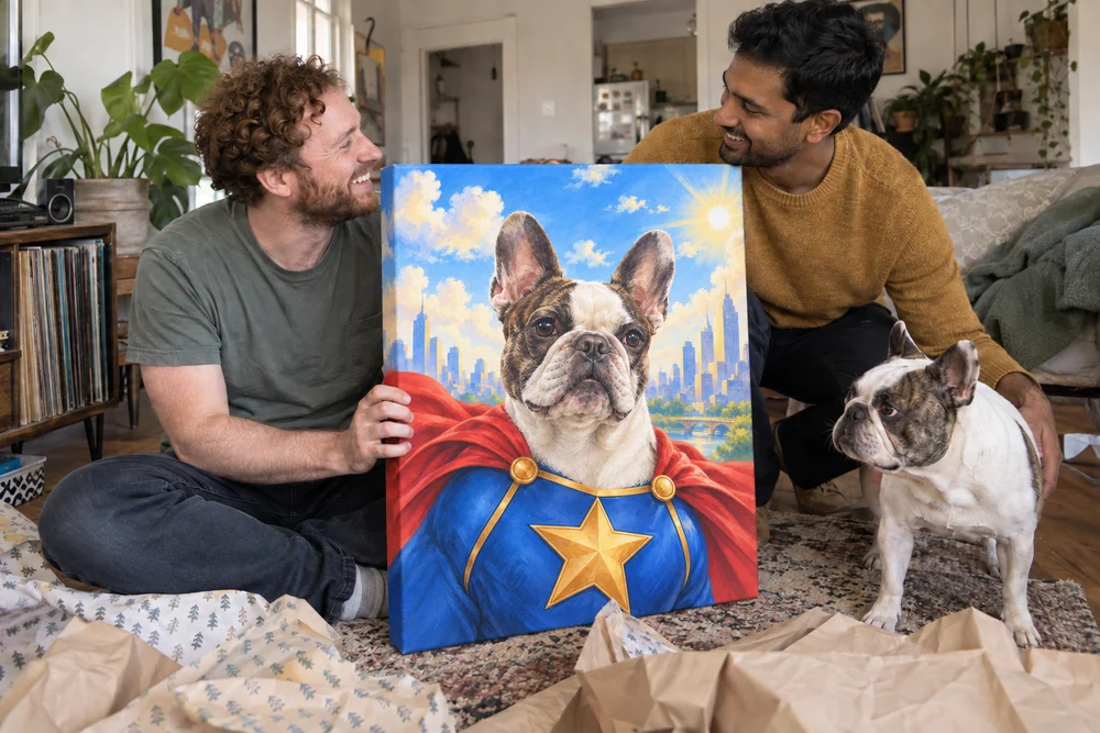 A couple sharing a surprise superhero portrait canvas of their French bulldog