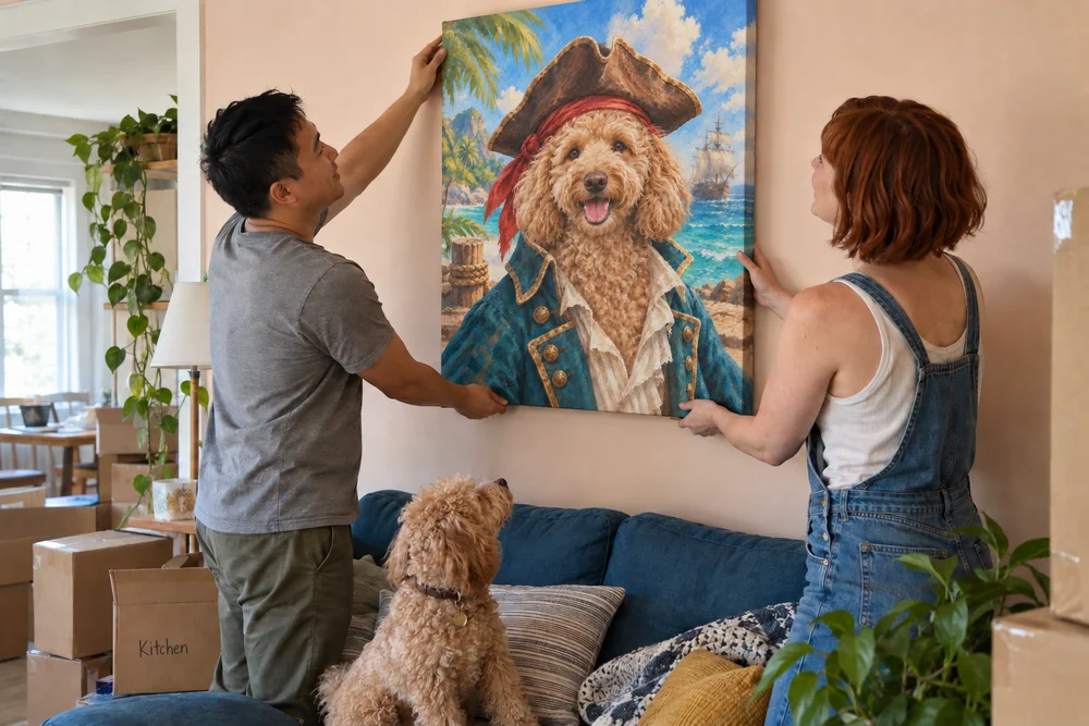 A couple hanging a large pirate portrait canvas of their curly poodle in their new home