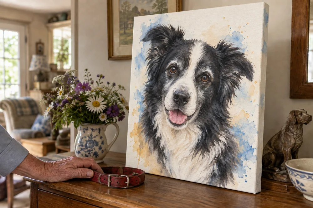 A large watercolor canvas of a beloved border collie beside its treasured collar